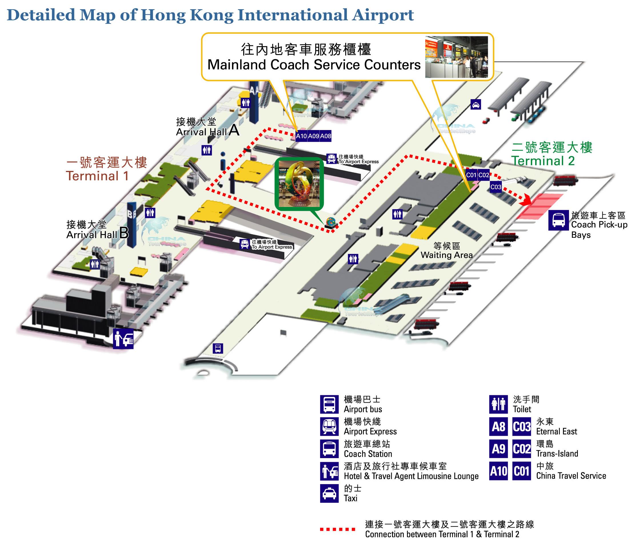 Hong Kong lentokenttä terminaali kartta - Hong Kong lentokenttä kartta  terminaali 1 2 (Kiina)